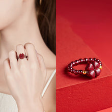 Cinnabar Four-Leaf Clover Ring with Garnet and 14K Gold Accents