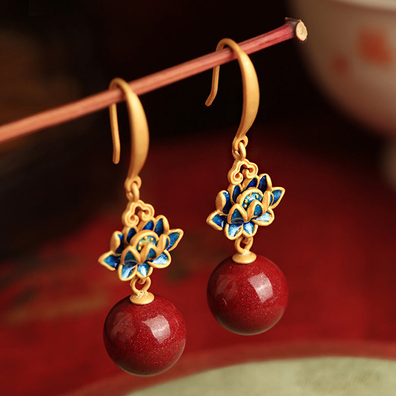 14K Gold Lotus Cinnabar Earrings - Enamel Design, Genuine Cinnabar Beads