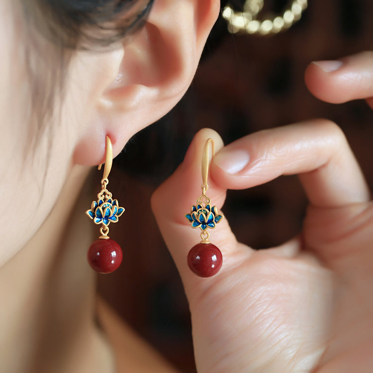 14K Gold Lotus Cinnabar Earrings - Enamel Design, Genuine Cinnabar Beads
