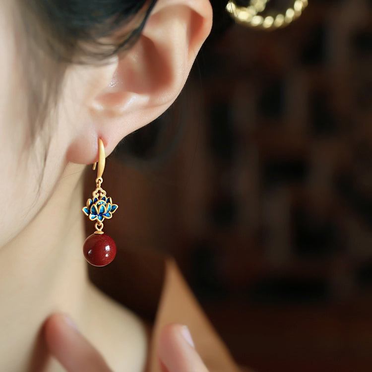 14K Gold Lotus Cinnabar Earrings - Enamel Design, Genuine Cinnabar Beads