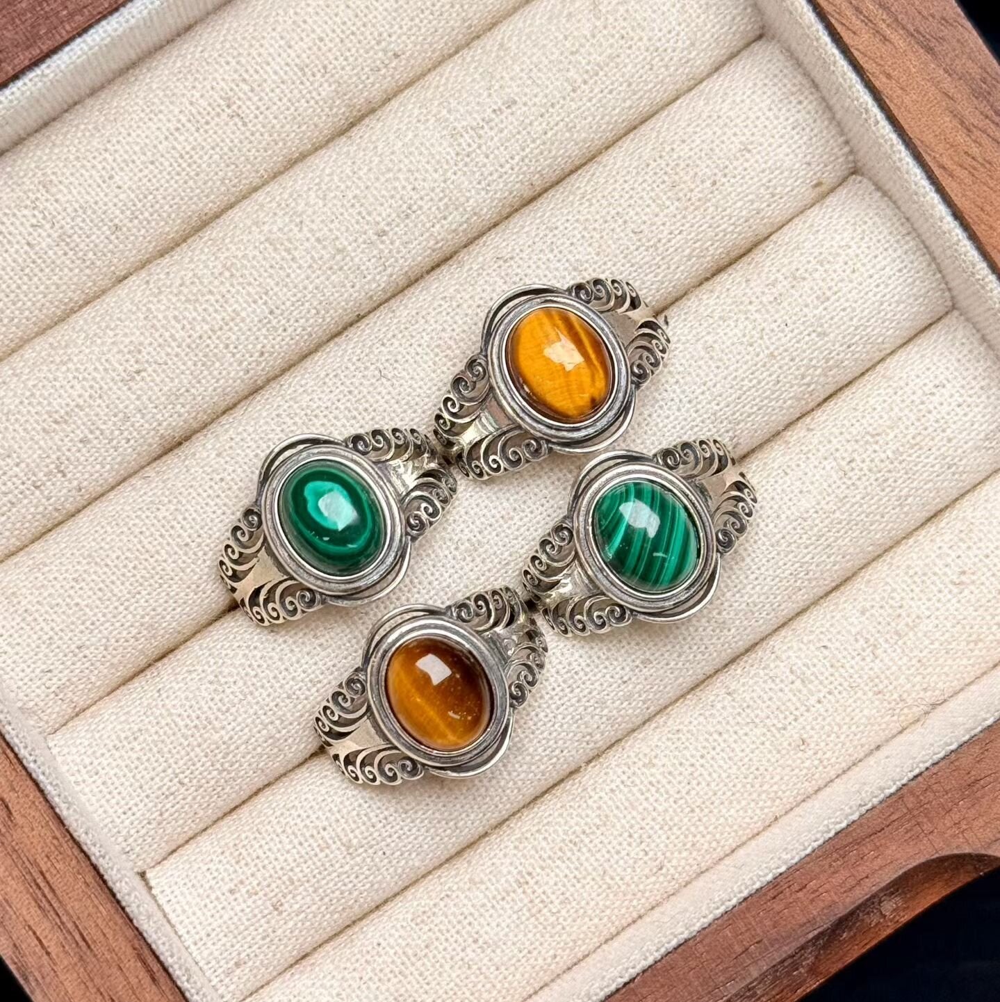 925 Silver Malachite Yellow Tiger's Eye Ring