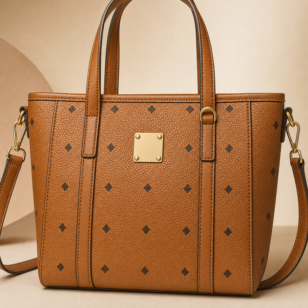 Cognac Brown Structured Tote Bag with Detachable Shoulder Strap