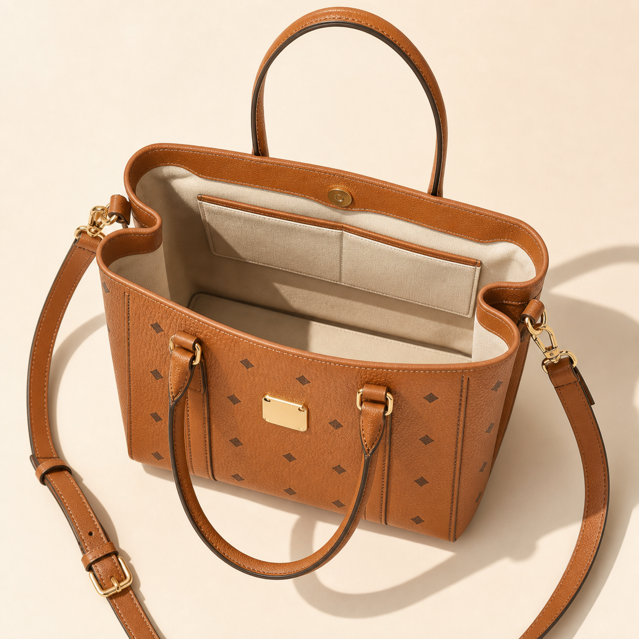 Cognac Brown Structured Tote Bag with Detachable Shoulder Strap