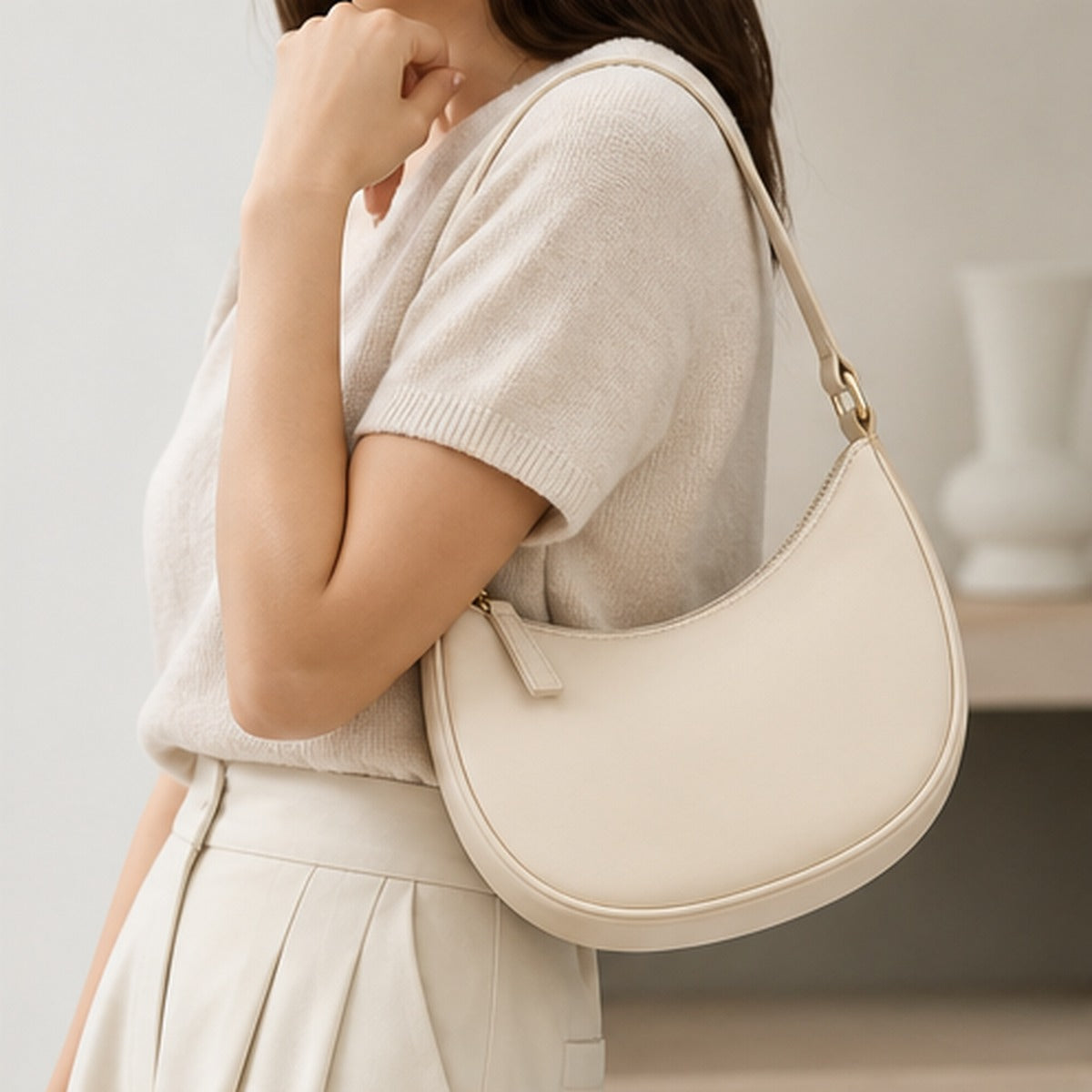 Noelle Cream Crescent Shoulder Bag - lifestyle