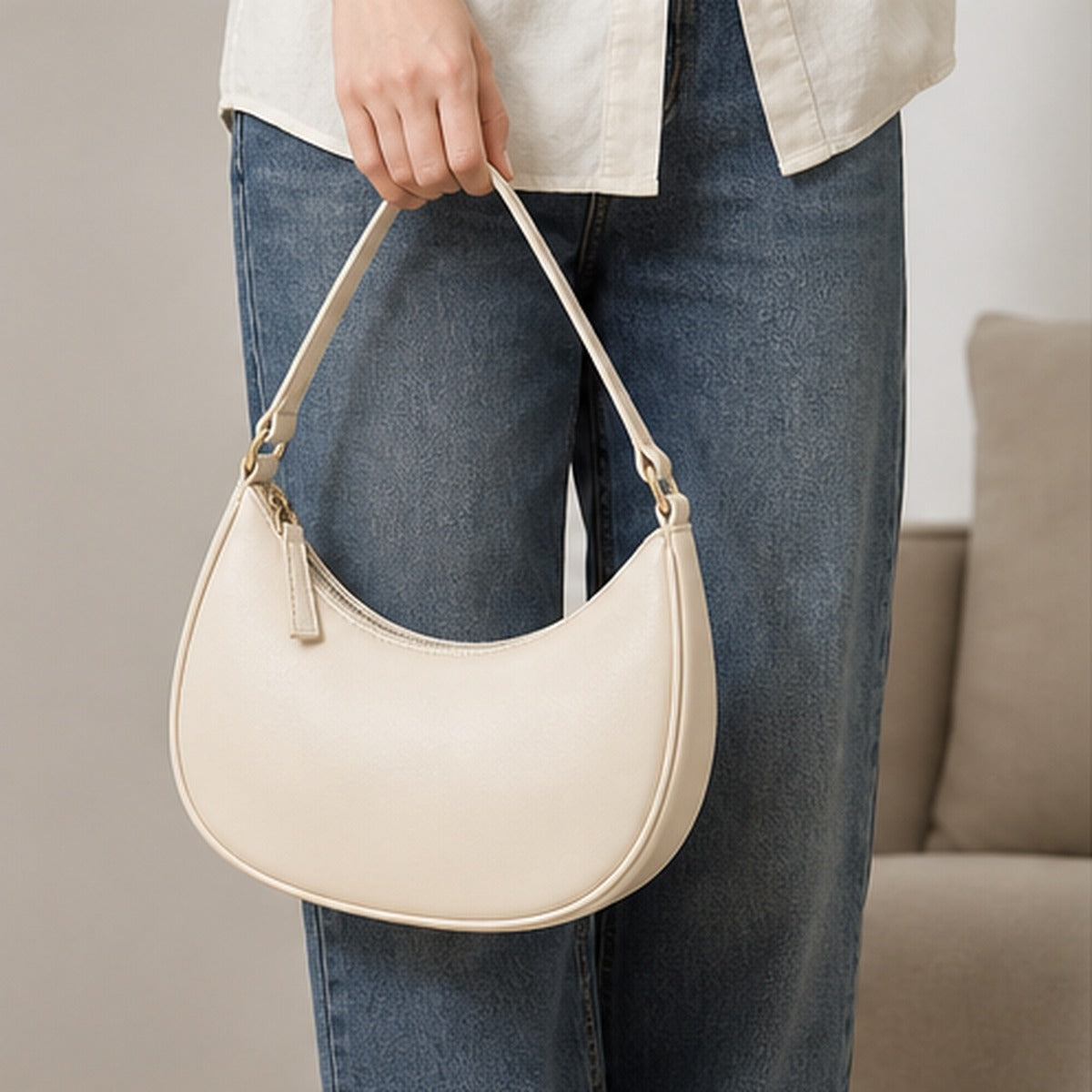 Noelle Cream Crescent Shoulder Bag - carry