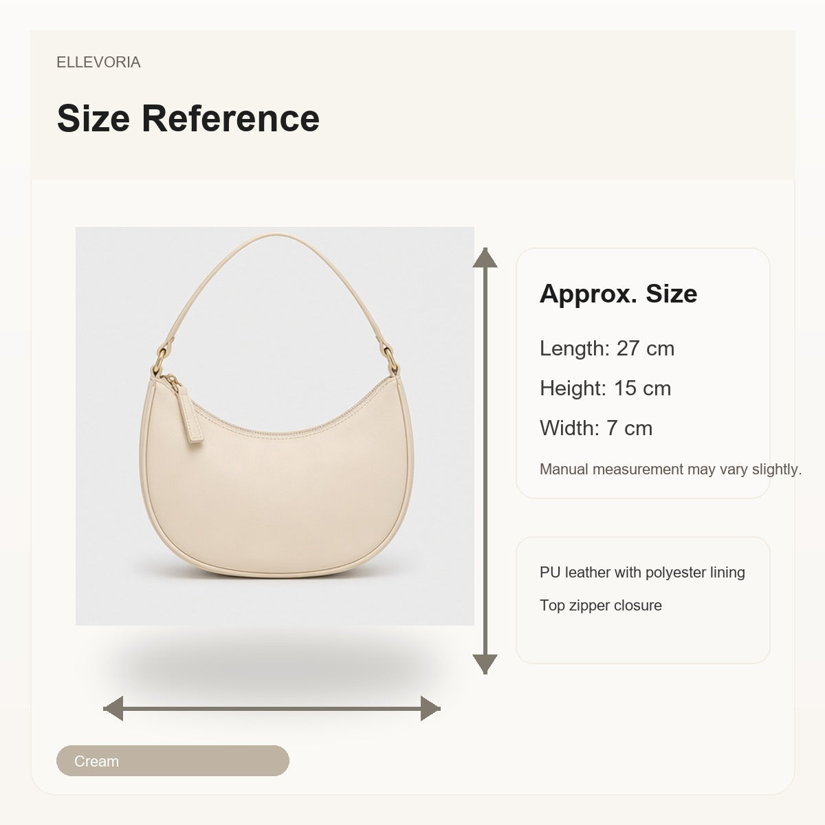 Noelle Cream Crescent Shoulder Bag - size reference
