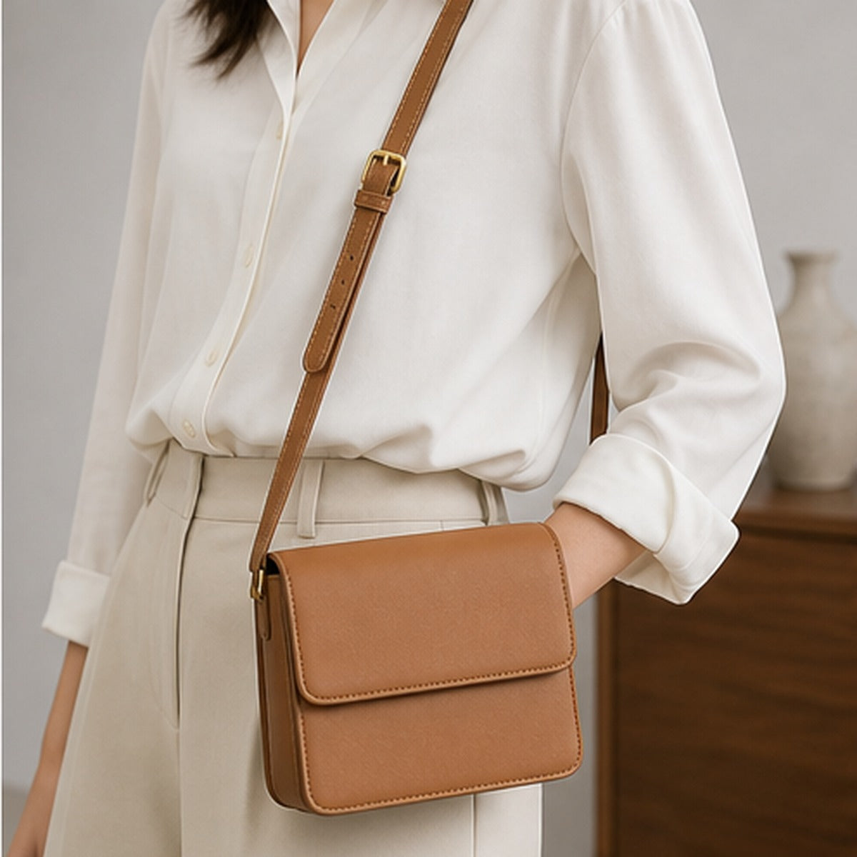 Rhea Camel Box Crossbody Bag - lifestyle