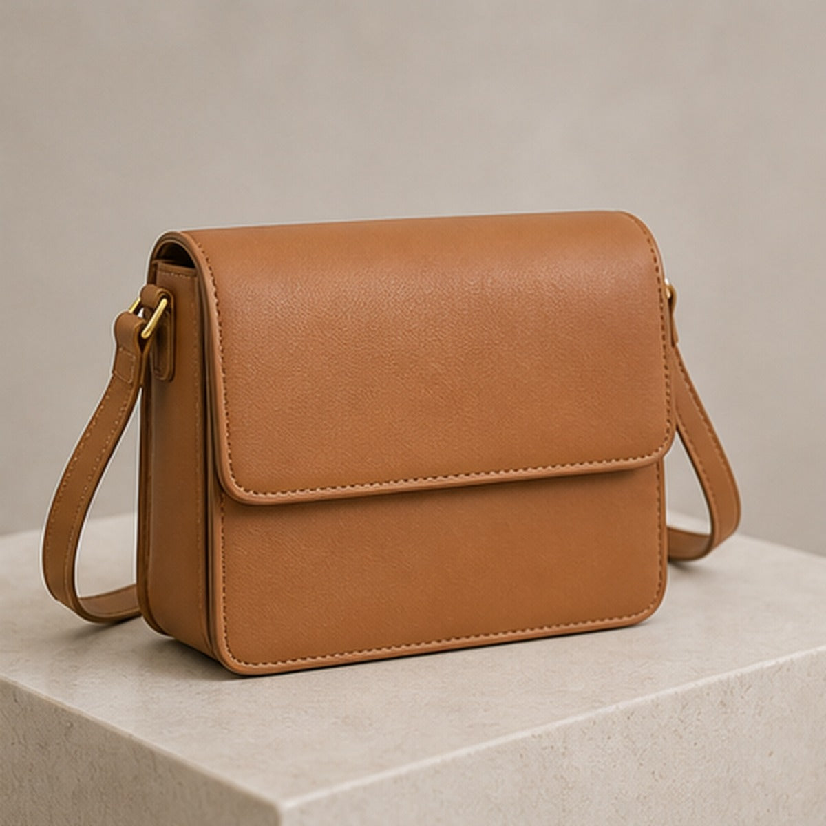Rhea Camel Box Crossbody Bag - angle