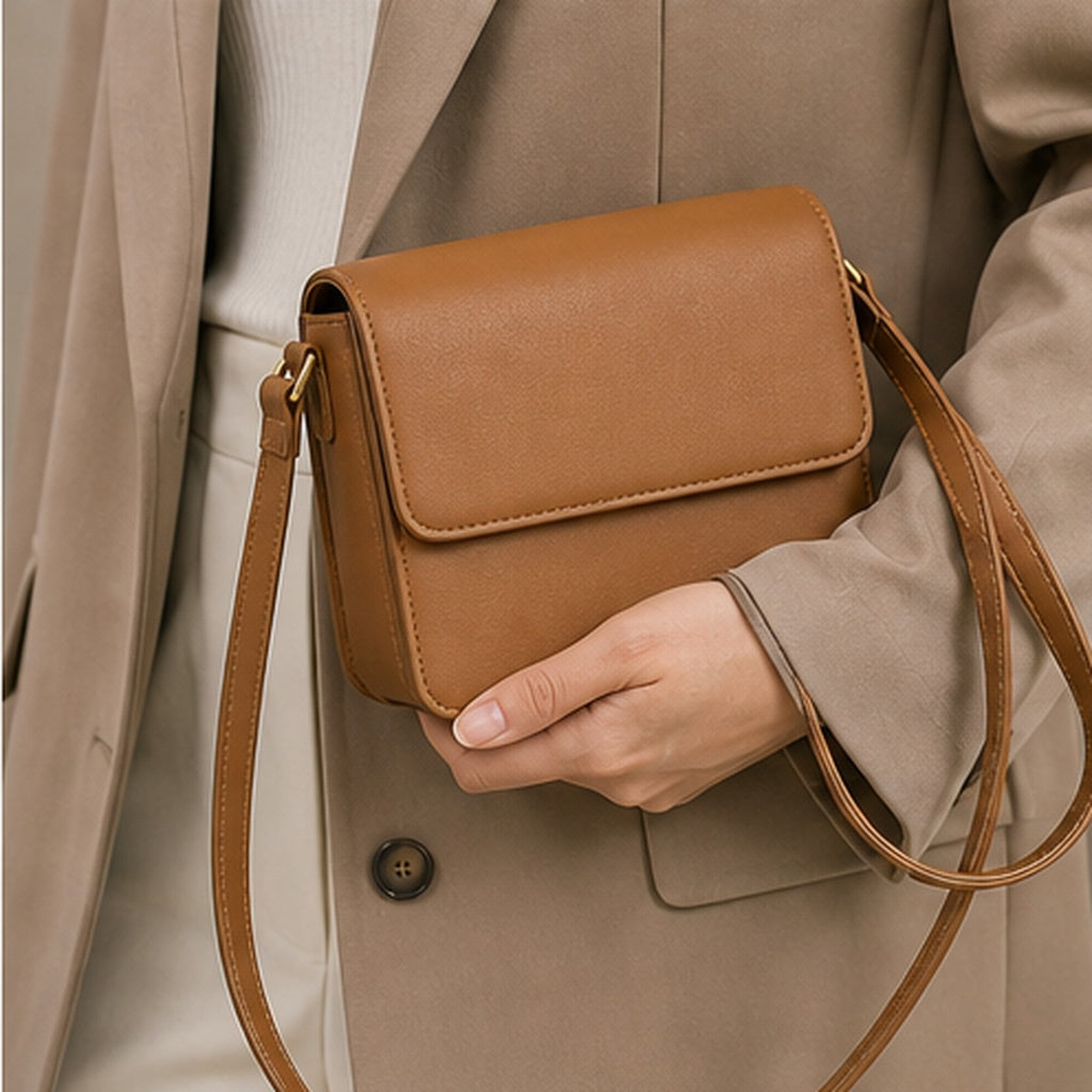 Rhea Camel Box Crossbody Bag - studio