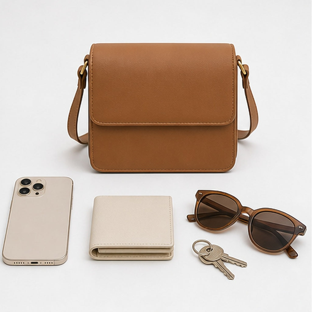 Rhea Camel Box Crossbody Bag - capacity