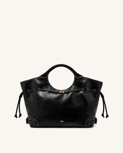Virelle Waxed Vegan Leather Drawstring Tote Bag - Black