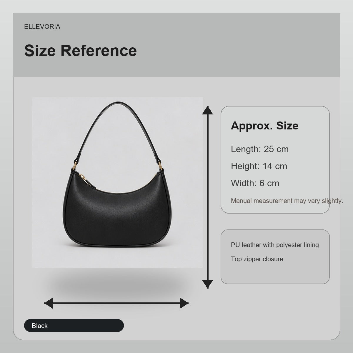 Vera Black Underarm Shoulder Bag - size reference